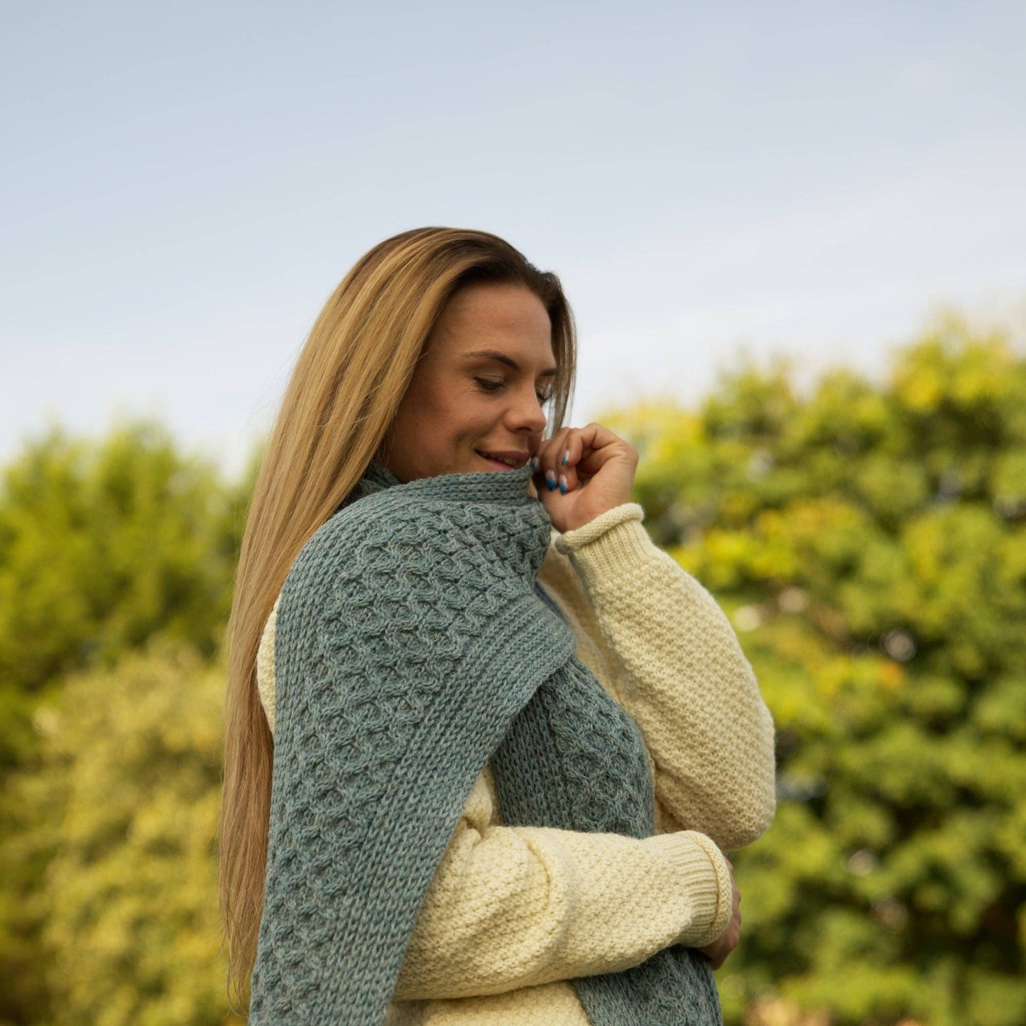 British Wool Long Honeycomb Scarf - Teal