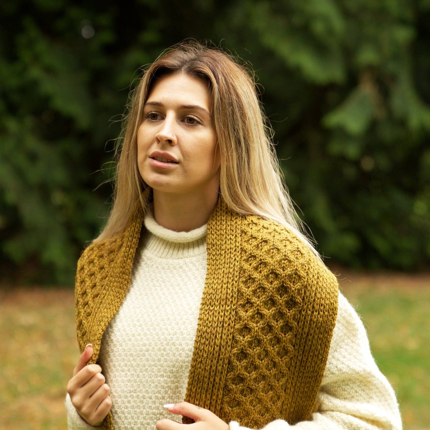 British Wool Long Honeycomb Scarf - Harvest