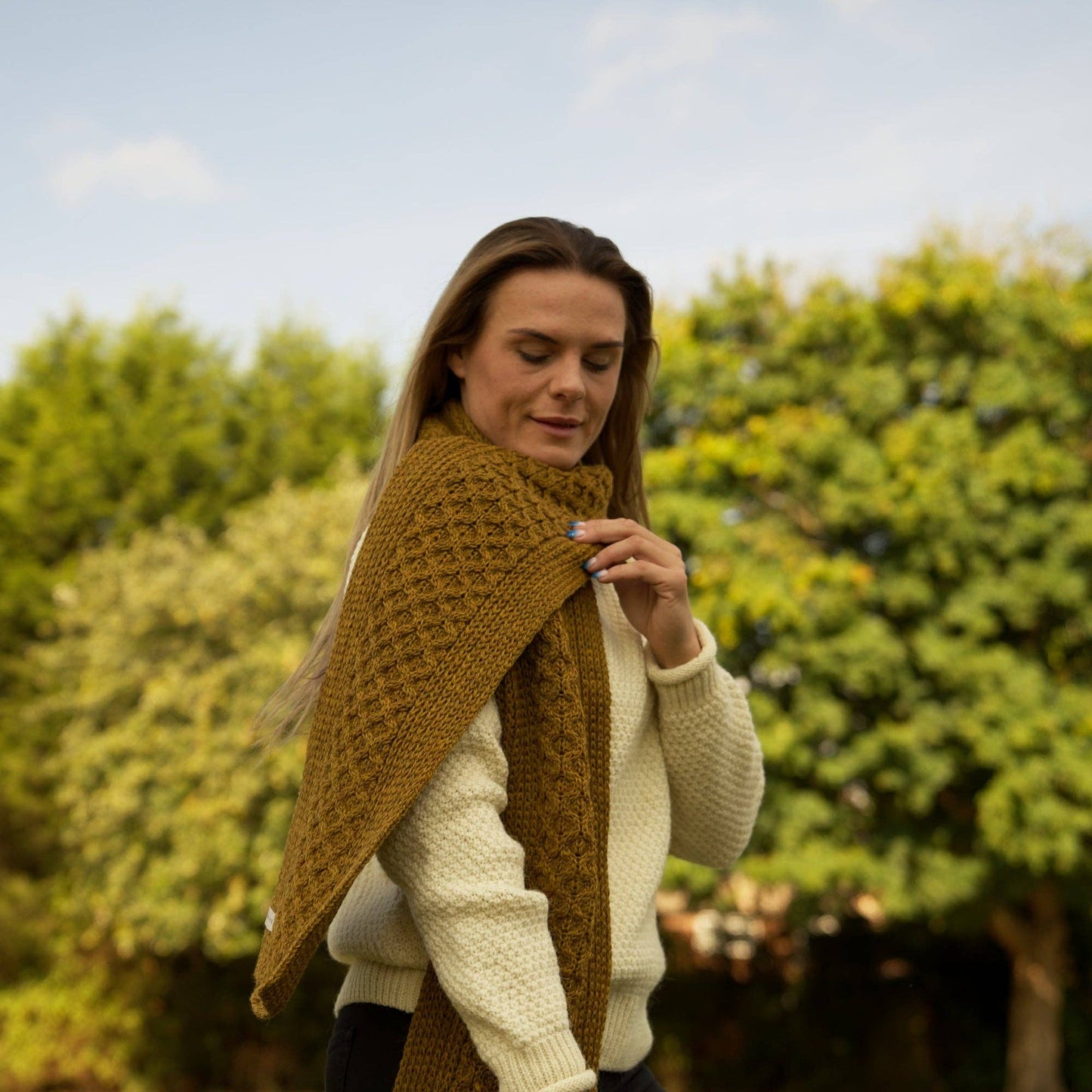 British Wool Long Honeycomb Scarf - Harvest
