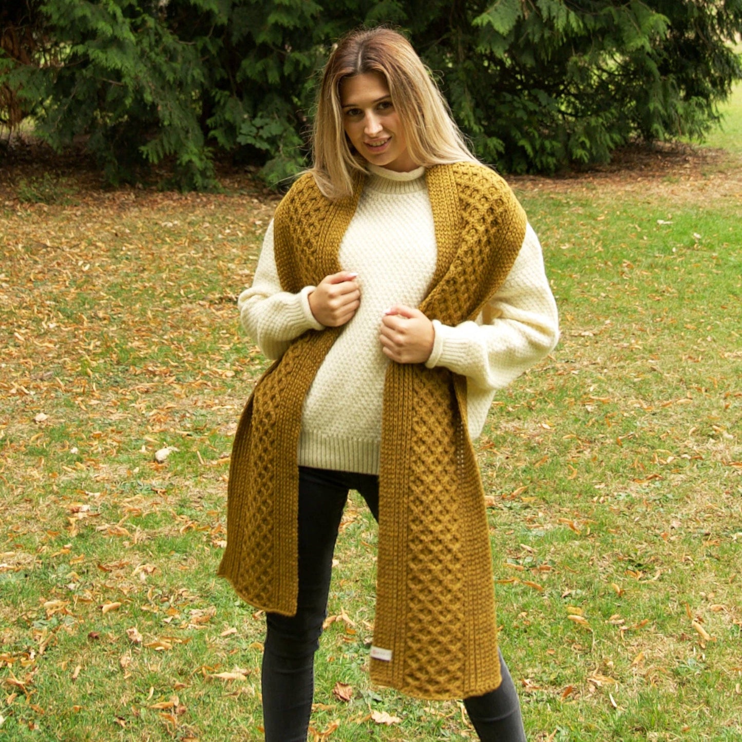 British Wool Long Honeycomb Scarf - Harvest