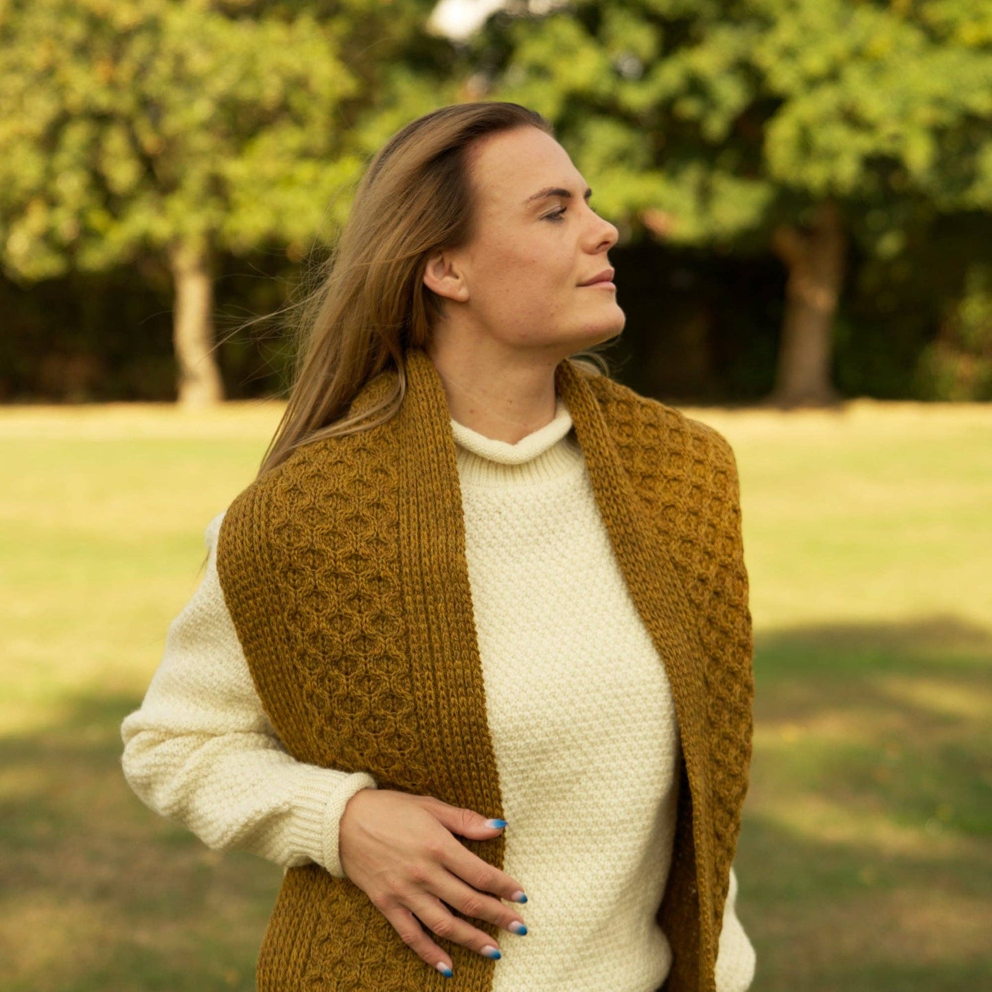 British Wool Long Honeycomb Scarf - Harvest