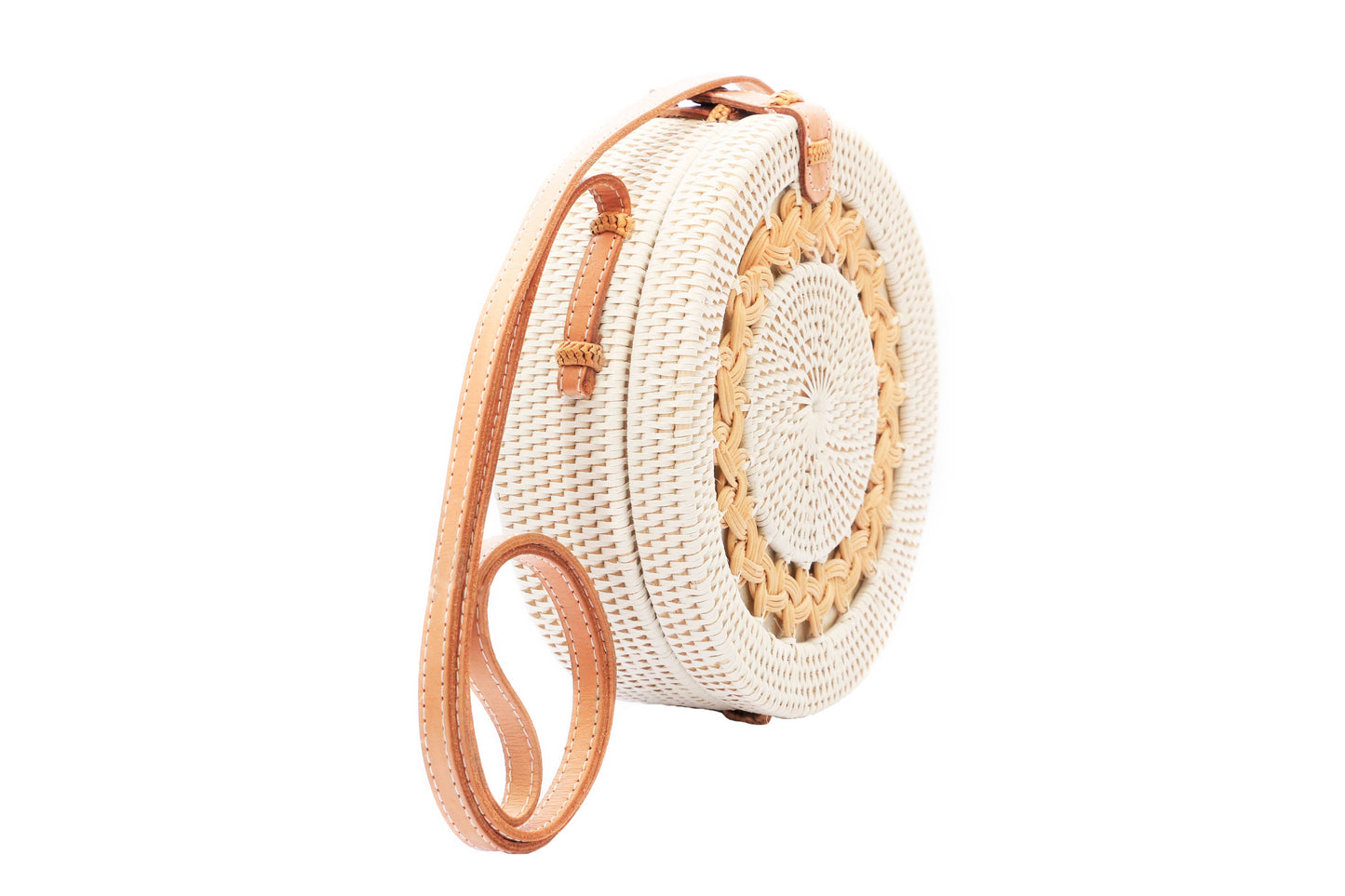White Rattan Round Basket Bag