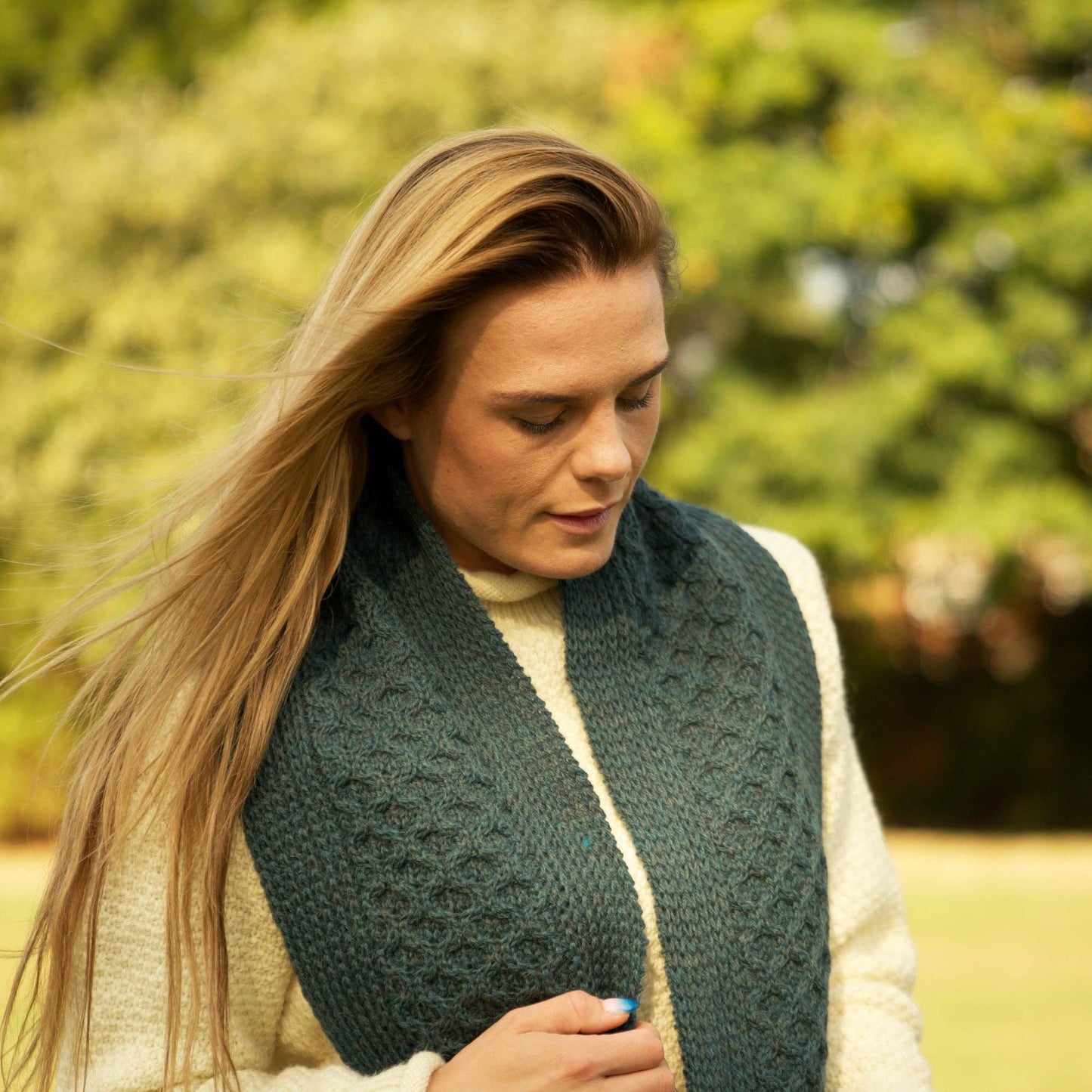 British Wool Long Honeycomb Scarf - Mallard